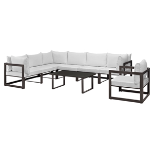 Fortuna 8 Pieces Patio Sectional Sofa Set - White Cushion, Brown Frame 