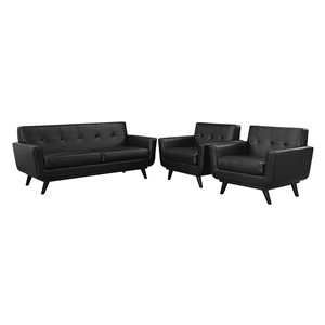 Engage 3 Pieces Leather Sofa Set - Tufted, Black 