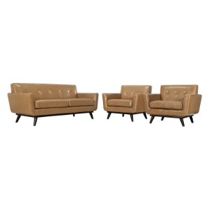Engage 3 Pieces Leather Sofa Set - Tufted, Tan 