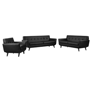 Engage 3 Pieces Leather Sofa Set - Flared Legs, Black 