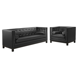Imperial 2 Pieces Bonded Leather Sofa Set - Button Tufted, Black 