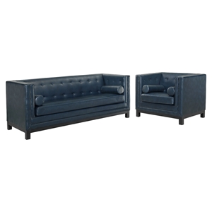 Imperial 2 Pieces Bonded Leather Sofa Set - Button Tufted, Blue 