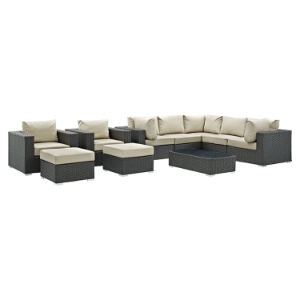 Sojourn 10 Pieces Patio Sectional Sofa Set - Sunbrella Canvas Antique Beige 