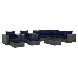 Sojourn 10 Pieces Outdoor Patio Sectional Sofa Set - Sunbrella Canvas Navy 