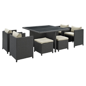 Sojourn 9 Pieces Patio Set - Glass Top, Sunbrella Antique Canvas Beige 