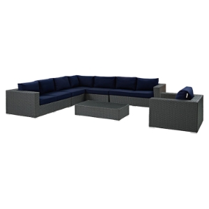 Sojourn 7 Pieces Outdoor Patio Sectional Set - Sunbrella Chocolate Navy 
