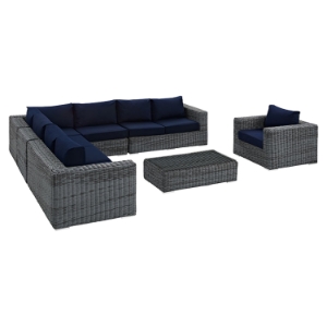 Summon 7 Pieces Outdoor Patio Sectional Set - Sunbrella Gray Navy 