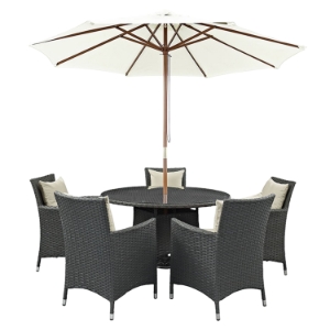 Sojourn 7 Pieces Round Outdoor Patio Set - Sunbrella Antique Canvas Beige 