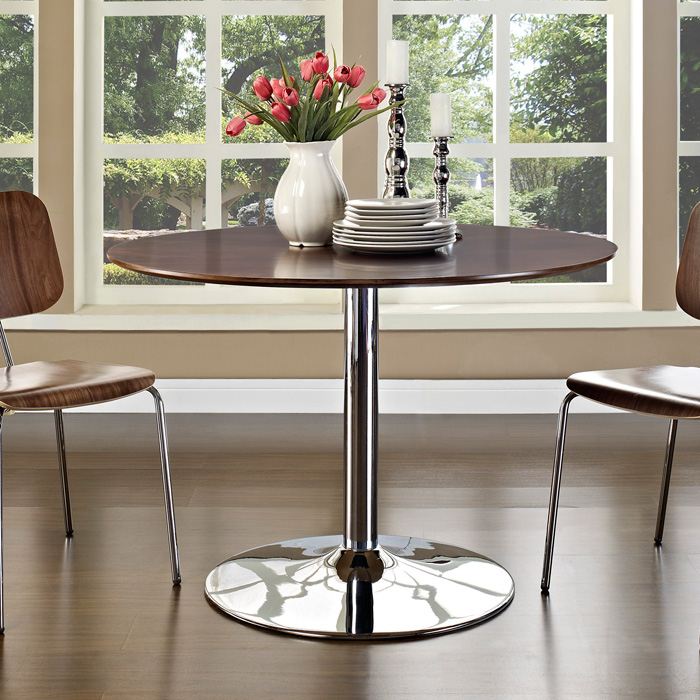 Rostrum Round Dining Table - Chrome Steel Base, Walnut Top | DCG Stores