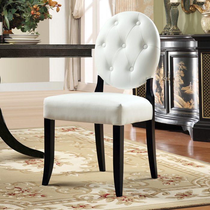 Button Upholstered Dining Chair Wood Legs, White DCG