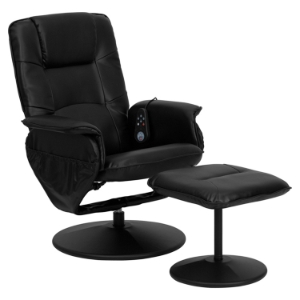 Massaging Recliner and Ottoman - Black, Wrapped Base, Integrated Headrest 