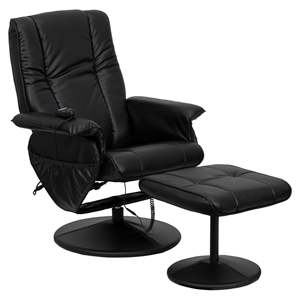 Massaging Leather Recliner and Ottoman - Black, Wrapped Base 