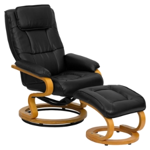 Bonded Leather Recliner and Ottoman - Swiveling Base, Black 