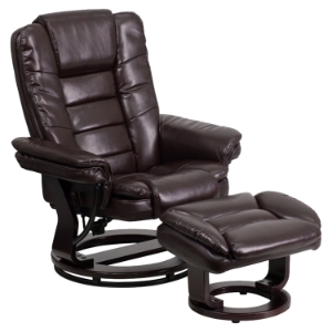 Leather Recliner and Ottoman - Swiveling Mahogany Wood Base, Brown 