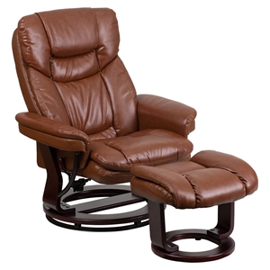 Leather Recliner and Ottoman - Integrated Headrest, Swivel Seat, Brown 