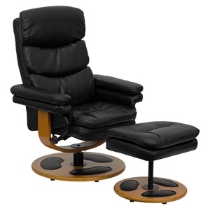 Leather Recliner and Ottoman - Wood Base, Black 