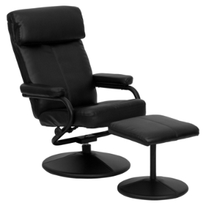 Leather Recliner and Ottoman - Wrapped Base, Pillow Top Headrest, Black 
