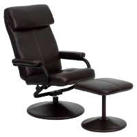 Leather Recliner and Ottoman - Wrapped Base, Pillow Top Headrest, Brown