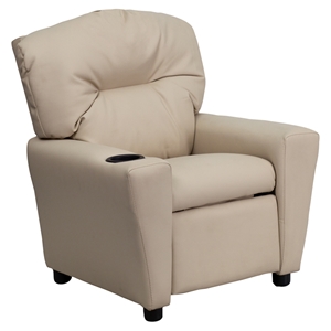 Upholstered Kids Recliner Chair - Cup Holder, Beige 