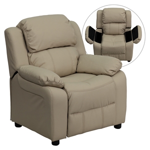 Deluxe Padded Upholstered Kids Recliner - Storage Arms, Beige 