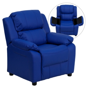 Deluxe Padded Upholstered Kids Recliner - Storage Arms, Blue 