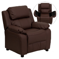 Deluxe Padded Upholstered Kids Recliner - Storage Arms, Brown