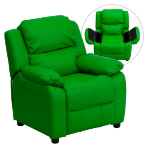 Deluxe Padded Upholstered Kids Recliner - Storage Arms, Green 
