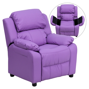 Deluxe Padded Upholstered Kids Recliner - Storage Arms, Lavender 