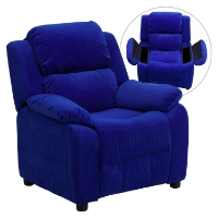 Deluxe Padded Upholstered Kids Recliner - Storage Arms, Blue, Microfiber