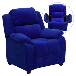 Deluxe Padded Upholstered Kids Recliner - Storage Arms, Blue, Microfiber 