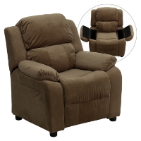 Deluxe Padded Upholstered Kids Recliner - Storage Arms, Brown, Microfiber