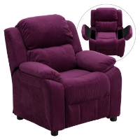 Deluxe Padded Upholstered Kids Recliner - Storage Arms, Purple, Microfiber