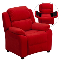 Deluxe Padded Upholstered Kids Recliner - Storage Arms, Red, Microfiber