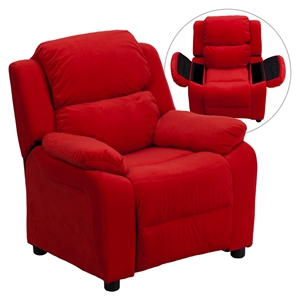Deluxe Padded Upholstered Kids Recliner - Storage Arms, Red, Microfiber 