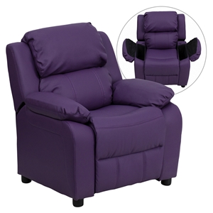 Deluxe Padded Upholstered Kids Recliner - Storage Arms, Purple 