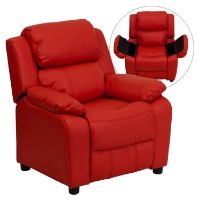 Deluxe Padded Upholstered Kids Recliner - Storage Arms, Red