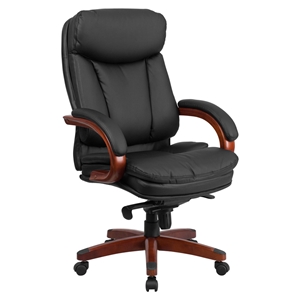 Executive Swivel Office Chair - Black, Mahogany Wood Base, High Back 