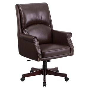 Leather Executive Swivel Office Chair - High Back, Pillow Back, Brown 