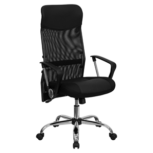 Leather and Mesh Swivel Task Chair - High Back, Adjustable, Black 