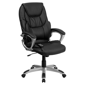 Massaging Leather Executive Office Chair - High Back, Black, Silver Base 