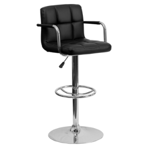 Quilted Faux Leather Barstool - with Arms, Adjustable Height, Black 
