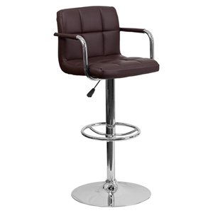 Quilted Faux Leather Barstool - Adjustable Height, with Arms, Brown 
