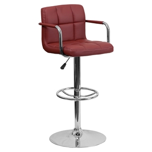 Quilted Faux Leather Barstool - Adjustable Height, with Arms, Burgundy 