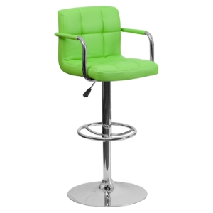 Quilted Faux Leather Barstool - Adjustable Height, with Arms, Green 