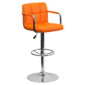 Quilted Faux Leather Barstool - Adjustable Height, with Arms, Orange 