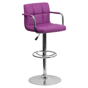 Quilted Faux Leather Barstool - Adjustable Height, with Arms, Purple 