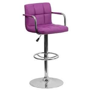 Quilted Faux Leather Barstool - Adjustable Height, with Arms, Purple 