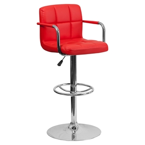 Quilted Faux Leather Barstool - Adjustable Height, with Arms, Red 