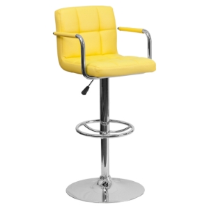 Quilted Faux Leather Barstool - Adjustable Height, with Arms, Yellow 