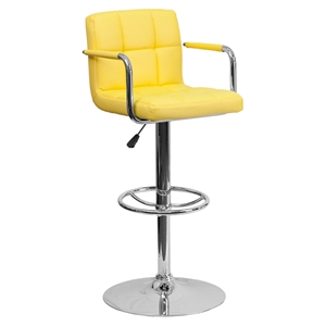 Quilted Faux Leather Barstool - Adjustable Height, with Arms, Yellow 